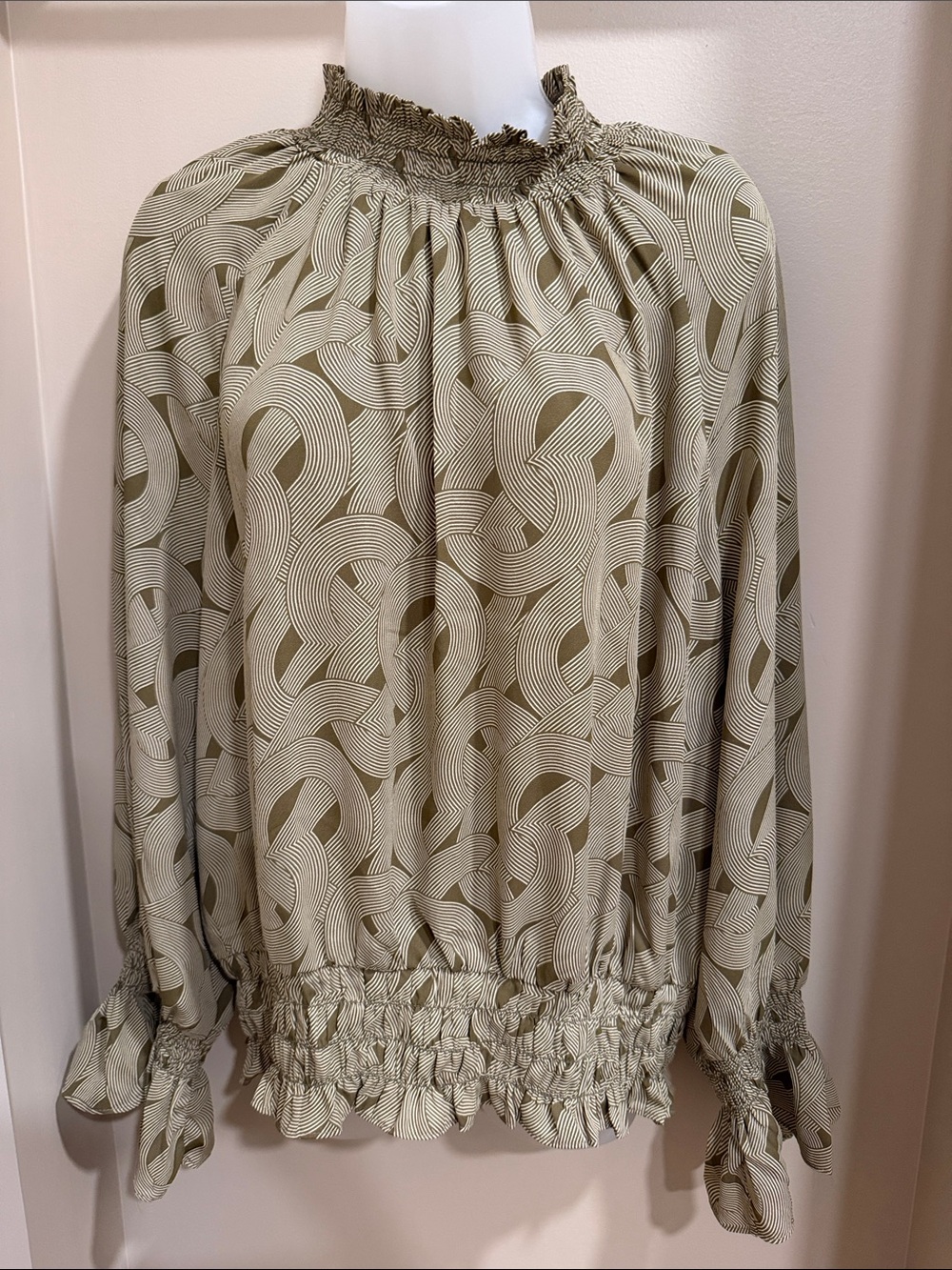 Worthington Olive and Beige Smocked-Neck Long Sleeve Dress